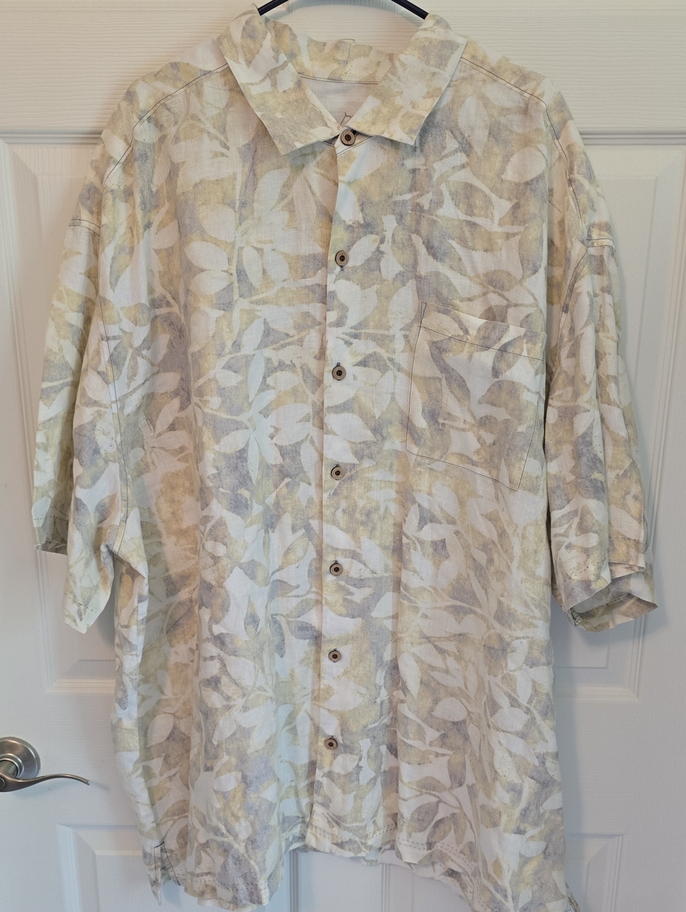 Tommy Bahama Beige and White Leaf-Print Button Up Linen Shirt 3XB Beachy